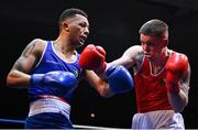 21 January 2023; Jason Clancy of Sean McDermott Boxing Club, Leitrim, right, and Keelyn Cassidy of Saviours Crystal Boxing Club, Waterford, during their light heavyweight 80kg final bout at the IABA National Elite Boxing Championships Finals at the National Boxing Stadium in Dublin. Photo by Seb Daly/Sportsfile