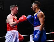 21 January 2023; Jason Clancy of Sean McDermott Boxing Club, Leitrim, left, and Keelyn Cassidy of Saviours Crystal Boxing Club, Waterford, after their light heavyweight 80kg final bout at the IABA National Elite Boxing Championships Finals at the National Boxing Stadium in Dublin. Photo by Seb Daly/Sportsfile