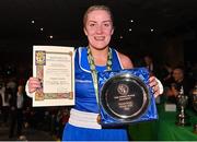 21 January 2023; Christina Desmond of Dungarvan and Garda Boxing Clubs, with her trophy after her victory to Tiffany O’Reilly of Portlaoise and Defence Forces Boxing Clubs, in their light middleweight 70kg final bout at the IABA National Elite Boxing Championships Finals at the National Boxing Stadium in Dublin. Photo by Seb Daly/Sportsfile