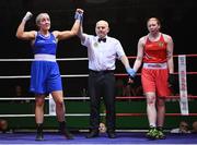 21 January 2023; Christina Desmond of Dungarvan and Garda Boxing Clubs, left, celebrates after her victory to Tiffany O’Reilly of Portlaoise and Defence Forces Boxing Clubs, in their light middleweight 70kg final bout at the IABA National Elite Boxing Championships Finals at the National Boxing Stadium in Dublin. Photo by Seb Daly/Sportsfile