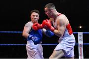 21 January 2023; Jack Marley of Monkstown Boxing Club, Dublin, right, and Patrick Ward of Olympic Boxing Club, Galway, during their heavyweight 92kg final bout at the IABA National Elite Boxing Championships Finals at the National Boxing Stadium in Dublin. Photo by Seb Daly/Sportsfile