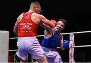 21 January 2023; Patrick Ward of Olympic Boxing Club, Galway, right, and Jack Marley of Monkstown Boxing Club, Dublin, during their heavyweight 92kg final bout at the IABA National Elite Boxing Championships Finals at the National Boxing Stadium in Dublin. Photo by Seb Daly/Sportsfile