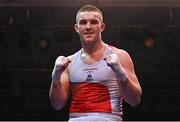 21 January 2023; Jack Marley of Monkstown Boxing Club, Dublin, celebrates after his victory over Patrick Ward of Olympic Boxing Club, Galway, after their heavyweight 92kg final bout at the IABA National Elite Boxing Championships Finals at the National Boxing Stadium in Dublin. Photo by Seb Daly/Sportsfile