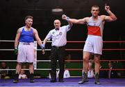 21 January 2023; Jack Marley of Monkstown Boxing Club, Dublin, right, celebrates after his victory over Patrick Ward of Olympic Boxing Club, Galway, after their heavyweight 92kg final bout at the IABA National Elite Boxing Championships Finals at the National Boxing Stadium in Dublin. Photo by Seb Daly/Sportsfile