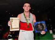 21 January 2023; Jack Marley of Monkstown Boxing Club, Dublin, with his trophy after his victory over Patrick Ward of Olympic Boxing Club, Galway, in their heavyweight 92kg final bout at the IABA National Elite Boxing Championships Finals at the National Boxing Stadium in Dublin. Photo by Seb Daly/Sportsfile