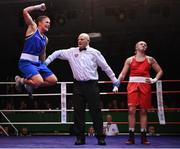 21 January 2023; Grainne Walsh of Spartacus Boxing Club, Offaly, left, celebrates after her victory over Amy Broadhurst of St Bronagh's ABC, Louth, in their welterweight 66kg final bout at the IABA National Elite Boxing Championships Finals at the National Boxing Stadium in Dublin. Photo by Seb Daly/Sportsfile