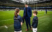 21 January 2023; Leinster match day mascots Lauren Campion, aged 11 and Jack Byrne, aged eight, with Jonathan Sexton of Leinster before the Heineken Champions Cup Pool A Round 4 match between Leinster and Racing 92 at Aviva Stadium in Dublin. Photo by Harry Murphy/Sportsfile