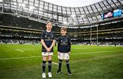 21 January 2023; Leinster match day mascots Lauren Campion, aged 11 and Jack Byrne, aged eight, before the Heineken Champions Cup Pool A Round 4 match between Leinster and Racing 92 at Aviva Stadium in Dublin. Photo by Harry Murphy/Sportsfile