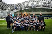 21 January 2023; The Blackrock College team with Leo the Lion, Cormac Foley and Martin Moloney before the Bank of Ireland Half-time Minis at Heineken Champions Cup Pool A Round 4 match between Leinster and Racing 92 at Aviva Stadium in Dublin. Photo by Harry Murphy/Sportsfile