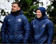 21 January 2023; St Patrick's Athletic goalkeeper Danny Rogers, left, and teammate Jamie Lennon watch on during the Pre-Season Friendly match between Shelbourne and Bohemians at AUL Complex in Clonshaugh, Dublin. Photo by Tyler Miller/Sportsfile