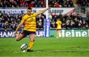 21 January 2023; John Cooney of Ulster kicks a conversion during the Heineken Champions Cup Pool B Round 4 match between Ulster and Sale Shark at Kingspan Stadium in Belfast. Photo by John Dickson/Sportsfile