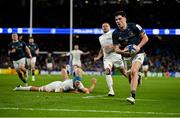 21 January 2023; Jimmy O'Brien of Leinster runs through to score his side's fifth try during the Heineken Champions Cup Pool A Round 4 match between Leinster and Racing 92 at Aviva Stadium in Dublin. Photo by Brendan Moran/Sportsfile