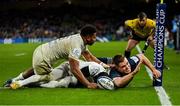 21 January 2023; Christian Wade and Kitione Kamikamica of Racing 92 attempt to prevent Garry Ringrose of Leinster scoring a try during the Heineken Champions Cup Pool A Round 4 match between Leinster and Racing 92 at Aviva Stadium in Dublin. Photo by Brendan Moran/Sportsfile