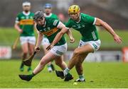 22 January 2023; Dan Morrissey of Limerick in action against Dan Goggin of Kerry during the Co-Op Superstores Munster Hurling League Group 2 match between Kerry and Limerick at Austin Stack Park in Tralee, Kerry. Photo by Michael P Ryan/Sportsfile