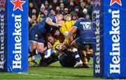 21 January 2023; Duane Vermeulen and Jeff Toomaga-Allen of Ulster drive for the Sale Sharks line during the Heineken Champions Cup Pool B Round 4 match between Ulster and Sale Shark at Kingspan Stadium in Belfast. Photo by John Dickson/Sportsfile