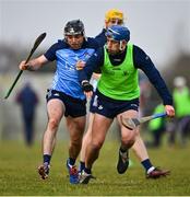 22 January 2023; Ronán Smith, left, and James Madden of Dublin during the warm-up before the Walsh Cup Group 1 Round 3 match between Westmeath and Dublin at Kinnegad GAA Club in Kinnegad, Westmeath. Photo by Ben McShane/Sportsfile