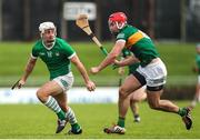 22 January 2023; Pat Ryan of Limerick in action against Fionan Mackessy of Kerry during the Co-Op Superstores Munster Hurling League Group 2 match between Kerry and Limerick at Austin Stack Park in Tralee, Kerry. Photo by Michael P Ryan/Sportsfile