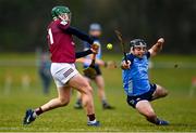 22 January 2023; Ronán Smith of Dublin blocks Niall O'Brien of Westmeath during the Walsh Cup Group 1 Round 3 match between Westmeath and Dublin at Kinnegad GAA Club in Kinnegad, Westmeath. Photo by Ben McShane/Sportsfile