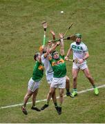 22 January 2023; Colin Fennelly of Shamrocks Ballyhale in action against Ryan McGarry, left, and Kevin Molloy of Dunloy Cúchullain's during the AIB GAA Hurling All-Ireland Senior Club Championship Final match between Shamrocks Ballyhale of Kilkenny and Dunloy Cuchullains of Antrim at Croke Park in Dublin. Photo by Daire Brennan/Sportsfile