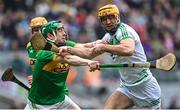 22 January 2023; Colin Fennelly of Shamrocks Ballyhale is tackled by Kevin Molloy of Dunloy Cúchullain's during the AIB GAA Hurling All-Ireland Senior Club Championship Final match between Shamrocks Ballyhale of Kilkenny and Dunloy Cúchullain's of Antrim at Croke Park in Dublin. Photo by Ramsey Cardy/Sportsfile