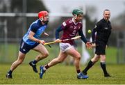 22 January 2023; Niall O'Brien of Westmeath in action against Colin Currie of Dublin during the Walsh Cup Group 1 Round 3 match between Westmeath and Dublin at Kinnegad GAA Club in Kinnegad, Westmeath. Photo by Ben McShane/Sportsfile