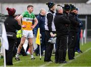 22 January 2023; Brian Duignan of Offaly protests to referee Chris Mooney after being shown a red card during the Walsh Cup Group 2 Round 3 match between Offaly and Laois at Glenisk O'Connor Park in Tullamore, Offaly. Photo by Tyler Miller/Sportsfile