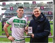 22 January 2023; Eoin Cody of Shamrocks Ballyhale is presented with the Man of the Match Award from Mark Doyle, CMO AIB, after the AIB GAA Hurling All-Ireland Senior Club Championship Final match between Shamrocks Ballyhale of Kilkenny and Dunloy Cúchullain's of Antrim at Croke Park in Dublin. Photo by Piaras Ó Mídheach/Sportsfile