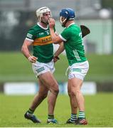 22 January 2023; Eoin Ross of Kerry tussels with Ciaran Barry of Limerick during the Co-Op Superstores Munster Hurling League Group 2 match between Kerry and Limerick at Austin Stack Park in Tralee, Kerry. Photo by Michael P Ryan/Sportsfile