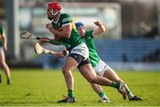 22 January 2023; Fionan Mackessy of Kerry is tackled by Conor O'Grady of Limerick during the Co-Op Superstores Munster Hurling League Group 2 match between Kerry and Limerick at Austin Stack Park in Tralee, Kerry. Photo by Michael P Ryan/Sportsfile