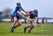22 January 2023; Conor Shaw of Westmeath in action against John Hetherton of Dublin during the Walsh Cup Group 1 Round 3 match between Westmeath and Dublin at Kinnegad GAA Club in Kinnegad, Westmeath. Photo by Ben McShane/Sportsfile