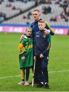 22 January 2023; Dunloy Cúchullain's manager Gregory O'Kane with his children Ailbhe and Páidí after the AIB GAA Hurling All-Ireland Senior Club Championship Final match between Shamrocks Ballyhale of Kilkenny and Dunloy Cuchullains of Antrim at Croke Park in Dublin. Photo by Daire Brennan/Sportsfile