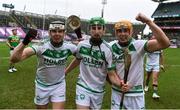 22 January 2023; Shamrocks Ballyhale players, left to right, TJ Reid, Joey Holden, and Richie Reid celebrate after the AIB GAA Hurling All-Ireland Senior Club Championship Final match between Shamrocks Ballyhale of Kilkenny and Dunloy Cuchullains of Antrim at Croke Park in Dublin. Photo by Daire Brennan/Sportsfile