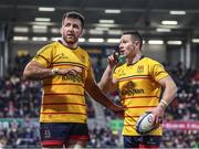 21 January 2023; Alan O’Connor and John Cooney of Ulster discussing a TMO replay on the big screen during the Heineken Champions Cup Pool B Round 4 match between Ulster and Sale Shark at Kingspan Stadium in Belfast. Photo by John Dickson/Sportsfile