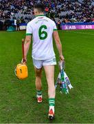 22 January 2023; Richie Reid of Shamrocks Ballyhale leaves the pitch with the Tommy Moore Cup after his side's victory in the AIB GAA Hurling All-Ireland Senior Club Championship Final match between Shamrocks Ballyhale of Kilkenny and Dunloy Cúchullain's of Antrim at Croke Park in Dublin. Photo by Piaras Ó Mídheach/Sportsfile