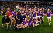 22 January 2023; Kilmacud Crokes team celebrate with the Andy Merrigan Cup after the AIB GAA Football All-Ireland Senior Club Championship Final match between Watty Graham's Glen of Derry and Kilmacud Crokes of Dublin at Croke Park in Dublin. Photo by Piaras Ó Mídheach/Sportsfile