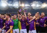 22 January 2023; Andrew McGowan of Kilmacud Crokes celebrates with the Andy Merrigan Cup and team-mates after the AIB GAA Football All-Ireland Senior Club Championship Final match between Watty Graham's Glen of Derry and Kilmacud Crokes of Dublin at Croke Park in Dublin. Photo by Piaras Ó Mídheach/Sportsfile