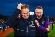 22 January 2023; Kilmacud Crokes manager Robbie Brennan, left, and selector Vinny Mooney celebrate at the final whistle of the AIB GAA Football All-Ireland Senior Club Championship Final match between Watty Graham's Glen of Derry and Kilmacud Crokes of Dublin at Croke Park in Dublin. Photo by Ramsey Cardy/Sportsfile