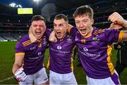 22 January 2023; Kilmacud Crokes players, from left, Tom Fox, Shane Cunningham and Hugh Kenny after the AIB GAA Football All-Ireland Senior Club Championship Final match between Watty Graham's Glen of Derry and Kilmacud Crokes of Dublin at Croke Park in Dublin. Photo by Ramsey Cardy/Sportsfile