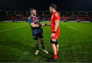 22 January 2023; Joshua Brennan of Toulouse, right, meets Peter O'Mahony of Munster after the Heineken Champions Cup Pool B Round 4 match between Toulouse and Munster at Stade Ernest Wallon in Toulouse, France. Photo by Brendan Moran/Sportsfile