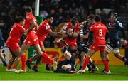 22 January 2023; Joshua Brennan of Toulouse is tackled by Jean Kleyn and Peter O’Mahony of Munster during the Heineken Champions Cup Pool B Round 4 match between Toulouse and Munster at Stade Ernest Wallon in Toulouse, France. Photo by Brendan Moran/Sportsfile