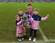 22 January 2023; Shane Walsh of Kilmacud Crokes with his niece Seoidín Walsh, age, 3, front left, his nephew Milo Costello, age 5, and his niece Réaltín Walsh, age 5, and the Andy Merrigan Cup after his side's victory in the AIB GAA Football All-Ireland Senior Club Championship Final match between Watty Graham's Glen of Derry and Kilmacud Crokes of Dublin at Croke Park in Dublin. Photo by Piaras Ó Mídheach/Sportsfile