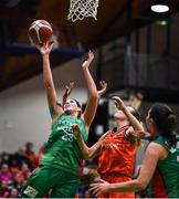 22 January 2023; Celena Taborn of Trinity Meteors in action against Michelle Clarke of Killester during the Basketball Ireland Paudie O'Connor National Cup Final match between Trinity Meteors and Killester at National Basketball Arena in Tallaght, Dublin. Photo by Ben McShane/Sportsfile