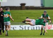 22 January 2023; Mark Quinlan of Limerick is tackled by Shane Conway of Kerry, left, during the Co-Op Superstores Munster Hurling League Group 2 match between Kerry and Limerick at Austin Stack Park in Tralee, Kerry. Photo by Michael P Ryan/Sportsfile
