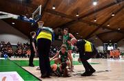22 January 2023; Dayna Finn of Trinity Meteors receives medical treatment after picking up an injury during the Basketball Ireland Paudie O'Connor National Cup Final match between Trinity Meteors and Killester at National Basketball Arena in Tallaght, Dublin. Photo by Ben McShane/Sportsfile