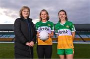 23 January 2023; In attendance at the announcement of Glenisk’s major new partnership with Offaly LGFA are, from left, Offaly LGFA treasurer Dora Corcoran, Kate Malone of Glenisk and Offaly Ladies Footballer Róisín Ennis. Last year, Glenisk announced that it would be the main sponsor for Offaly GAA, Offaly Camogie and Offaly Go Games. The organic yogurt business, from outside Tullamore, had to wait until 2023 to finalise the full partnership with Offaly LGFA as the ladies footballers completed pre-existing sponsorship commitments. The LGFA partnership announcement comes in the same week that it was revealed that Glenisk has secured the naming rights for O’Connor Park in Tullamore, which will now be known as Glenisk O’Connor Park. Commenting on the partnership, commercial director, Emma Walls, said: “We are delighted to announce our partnership with Offaly LGFA, as the final key piece in our GAA commitment to the county. It’s important to us to support all codes, sexes and ages and we are looking forward to working together to promote the games in our home county. The people of Offaly have given tremendous support to Glenisk over the years. We hope to repay that as best we can. Photo by Piaras Ó Mídheach/Sportsfile