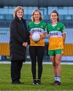 23 January 2023; In attendance at the announcement of Glenisk’s major new partnership with Offaly LGFA are, from left, Offaly LGFA treasurer Dora Corcoran, Kate Malone of Glenisk and Offaly Ladies Footballer Róisín Ennis. Last year, Glenisk announced that it would be the main sponsor for Offaly GAA, Offaly Camogie and Offaly Go Games. The organic yogurt business, from outside Tullamore, had to wait until 2023 to finalise the full partnership with Offaly LGFA as the ladies footballers completed pre-existing sponsorship commitments. The LGFA partnership announcement comes in the same week that it was revealed that Glenisk has secured the naming rights for O’Connor Park in Tullamore, which will now be known as Glenisk O’Connor Park. Commenting on the partnership, commercial director, Emma Walls, said: “We are delighted to announce our partnership with Offaly LGFA, as the final key piece in our GAA commitment to the county. It’s important to us to support all codes, sexes and ages and we are looking forward to working together to promote the games in our home county. The people of Offaly have given tremendous support to Glenisk over the years. We hope to repay that as best we can. Photo by Piaras Ó Mídheach/Sportsfile