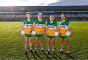 23 January 2023; In attendance at the announcement of Glenisk’s major new partnership with Offaly LGFA are Offaly Ladies Footballers, from left, Michelle Mann, Emma Hand, Nicole Farrelly and Róisín Ennis. Last year, Glenisk announced that it would be the main sponsor for Offaly GAA, Offaly Camogie and Offaly Go Games. The organic yogurt business, from outside Tullamore, had to wait until 2023 to finalise the full partnership with Offaly LGFA as the ladies footballers completed pre-existing sponsorship commitments. The LGFA partnership announcement comes in the same week that it was revealed that Glenisk has secured the naming rights for O’Connor Park in Tullamore, which will now be known as Glenisk O’Connor Park. Commenting on the partnership, commercial director, Emma Walls, said: “We are delighted to announce our partnership with Offaly LGFA, as the final key piece in our GAA commitment to the county. It’s important to us to support all codes, sexes and ages and we are looking forward to working together to promote the games in our home county. The people of Offaly have given tremendous support to Glenisk over the years. We hope to repay that as best we can. Photo by Piaras Ó Mídheach/Sportsfile