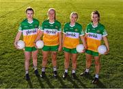 23 January 2023; In attendance at the announcement of Glenisk’s major new partnership with Offaly LGFA are Offaly Ladies Footballers, from left, Michelle Mann, Emma Hand, Nicole Farrelly and Róisín Ennis. Last year, Glenisk announced that it would be the main sponsor for Offaly GAA, Offaly Camogie and Offaly Go Games. The organic yogurt business, from outside Tullamore, had to wait until 2023 to finalise the full partnership with Offaly LGFA as the ladies footballers completed pre-existing sponsorship commitments. The LGFA partnership announcement comes in the same week that it was revealed that Glenisk has secured the naming rights for O’Connor Park in Tullamore, which will now be known as Glenisk O’Connor Park. Commenting on the partnership, commercial director, Emma Walls, said: “We are delighted to announce our partnership with Offaly LGFA, as the final key piece in our GAA commitment to the county. It’s important to us to support all codes, sexes and ages and we are looking forward to working together to promote the games in our home county. The people of Offaly have given tremendous support to Glenisk over the years. We hope to repay that as best we can. Photo by Piaras Ó Mídheach/Sportsfile