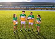 23 January 2023; In attendance at the announcement of Glenisk’s major new partnership with Offaly LGFA are, from left, Offaly Ladies Footballer Róisín Ennis, Offaly hurler Oisín Kelly, Offaly footballer Declan Hogan and Offaly camogie player Orla Gorman. Last year, Glenisk announced that it would be the main sponsor for Offaly GAA, Offaly Camogie and Offaly Go Games. The organic yogurt business, from outside Tullamore, had to wait until 2023 to finalise the full partnership with Offaly LGFA as the ladies footballers completed pre-existing sponsorship commitments. The LGFA partnership announcement comes in the same week that it was revealed that Glenisk has secured the naming rights for O’Connor Park in Tullamore, which will now be known as Glenisk O’Connor Park. Commenting on the partnership, commercial director, Emma Walls, said: “We are delighted to announce our partnership with Offaly LGFA, as the final key piece in our GAA commitment to the county. It’s important to us to support all codes, sexes and ages and we are looking forward to working together to promote the games in our home county. The people of Offaly have given tremendous support to Glenisk over the years. We hope to repay that as best we can. Photo by Piaras Ó Mídheach/Sportsfile