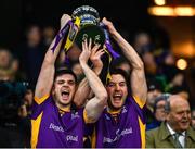 22 January 2023; Kilmacud Crokes players Cillian O'Shea, left, and Andrew McGowan lift the Andy Merrigan Cup after their side's victory in the AIB GAA Football All-Ireland Senior Club Championship Final match between Watty Graham's Glen of Derry and Kilmacud Crokes of Dublin at Croke Park in Dublin. Photo by Piaras Ó Mídheach/Sportsfile